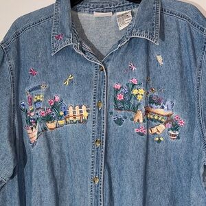 Bobbie Brooks Denim Blue Embroidered Button Down Shirt 22w/24w‎